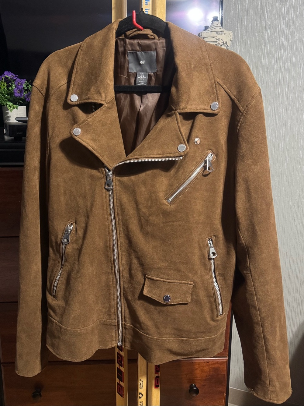 H&M Unisex Brown Faux Suede Biker Moto Jacket Size L